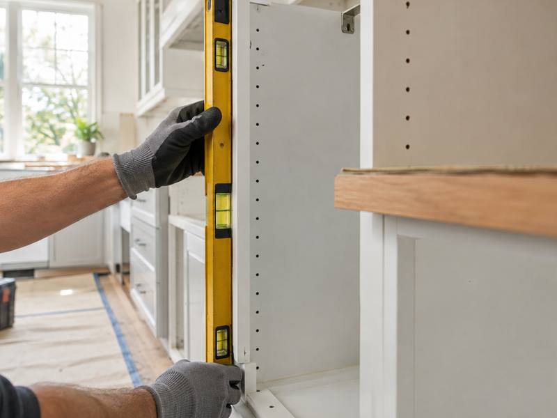 An installer holding a level against a cabinet box to check it is square.