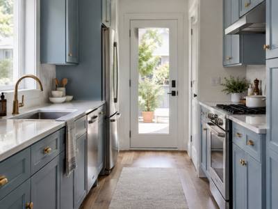A blue-grey painted galley kitchen with cabinets along both walls.