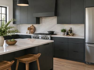 A charcoal grey painted kitchen with a white-topped island and wood stools.