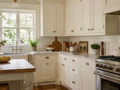 A cream painted kitchen in Don Mills with a butcher-block island and a range.