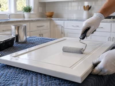 Gloved hands rolling white paint onto a cabinet door laid flat on a padded table.