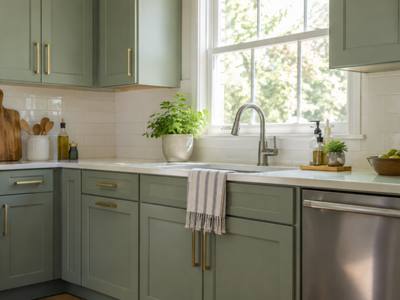 A sage green kitchen with green uppers and lowers, brass pulls and a window over the sink.