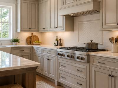 A warm greige painted kitchen with a range hood, an island and stools.