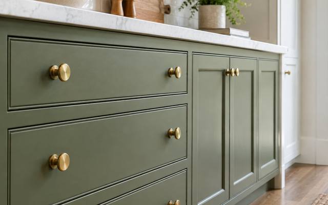 Sage green drawer fronts fitted with round brass knobs.