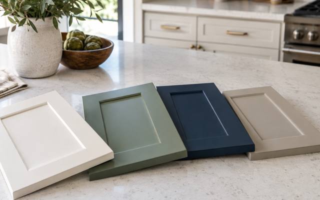 Four painted sample doors in white, sage, navy and greige laid on a counter.