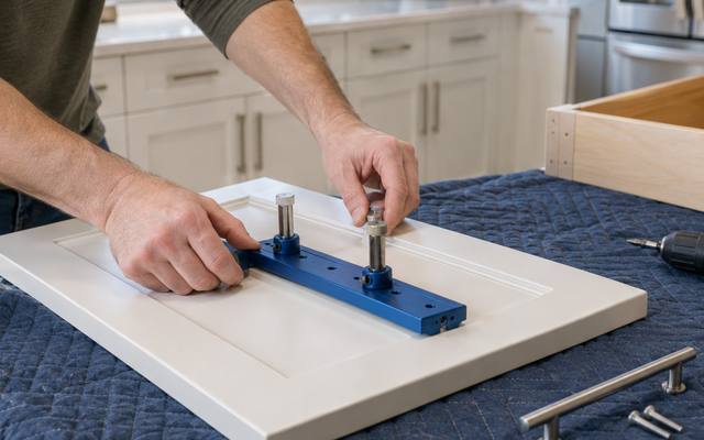 A drilling template clamped to a white cabinet door on a padded mat.