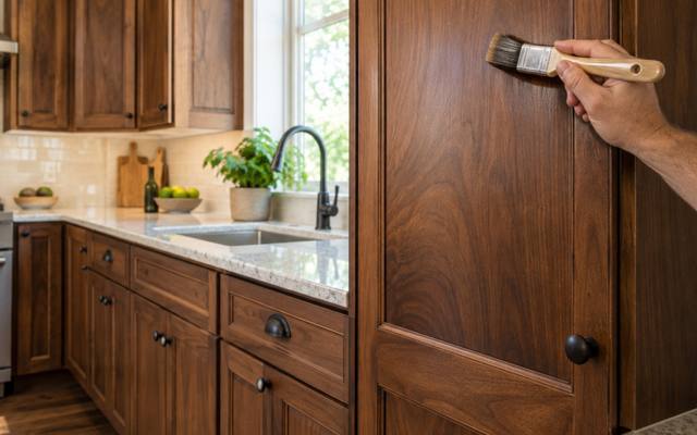 A dark walnut stained kitchen with a hand brushing finish onto a tall door.