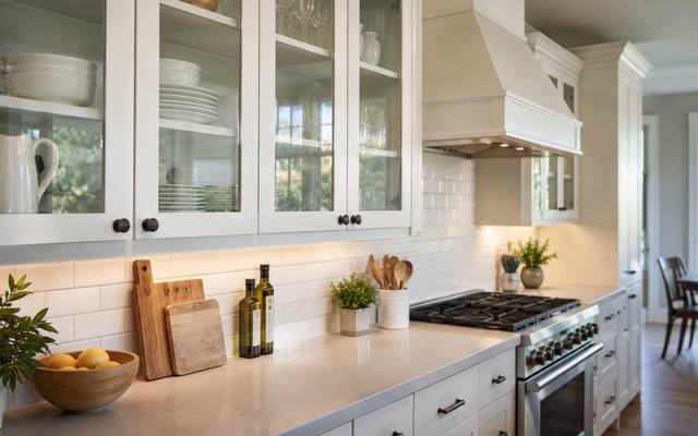 A white condo kitchen with glass-front upper cabinets and a range hood.