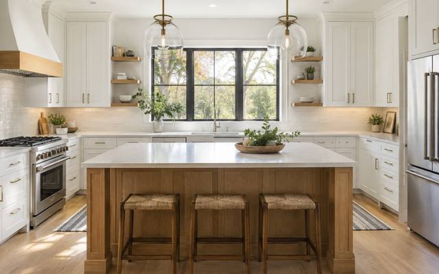 A white kitchen with a large pale wood island, pendant lights and stools.