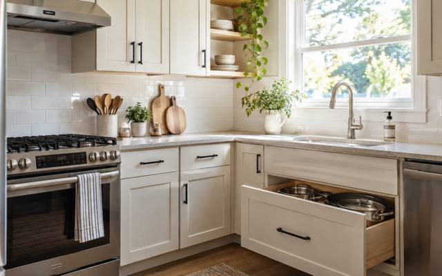 A compact white kitchen in Don Mills with a range and a deep drawer pulled open.