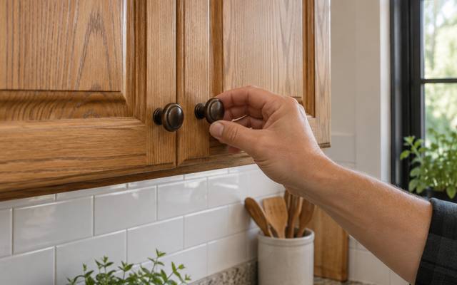 A hand fitting a bronze knob to an oak cabinet door.