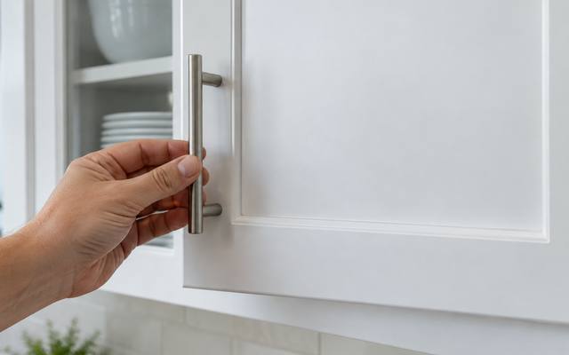 A hand opening a smooth sprayed white cabinet door.