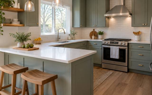 A sage green island with stools under pendant lights in a white kitchen.