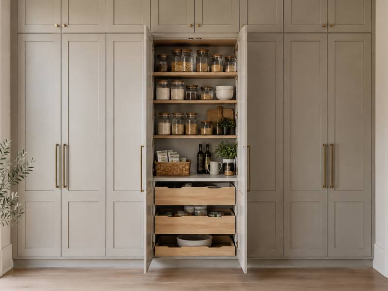 Light grey painted floor-to-ceiling pantry cabinets with one pantry door open.